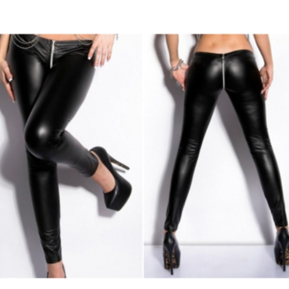 Women Leatherette soft thin Zipper legging STRETCHABLE